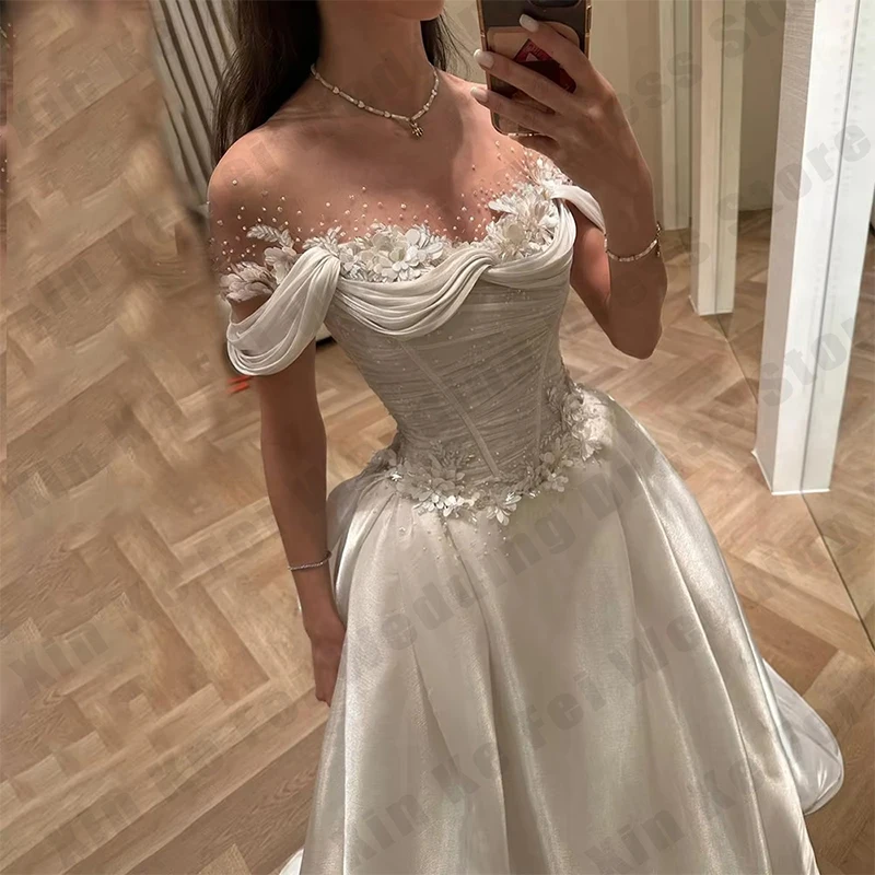 Glitter Women's Wedding Dresses Round Neck A-line 3D Stickers Princess Bridal Gown Formal Ball Party Bride Dress Customized Robe - Image 2