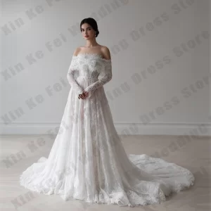 kf-S7dfa337c97bd4500b2b6574df1040e308 Elegant Women's Wedding Dresses A-line Lace Sexy Off Shoulder Princess Bridal Gowns Formal Beach Bride Dress Customizedفساتين سه