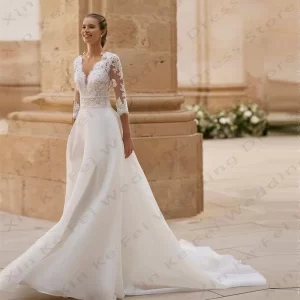 kf-S94186896079a4e74919bcc112750f6b80 Elegant Women's V-Neck Wedding Dressees Lace Applique Long Sleeved Princess A-Line Bridal Gowns Formal Beach Party Welcome Guest